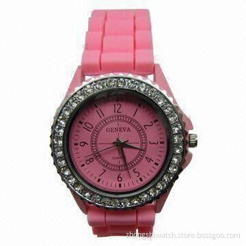 Pink Geneva Bezel Watch for Gift, with Silicone Band, Crystal Stone and Japan Quartz Movement